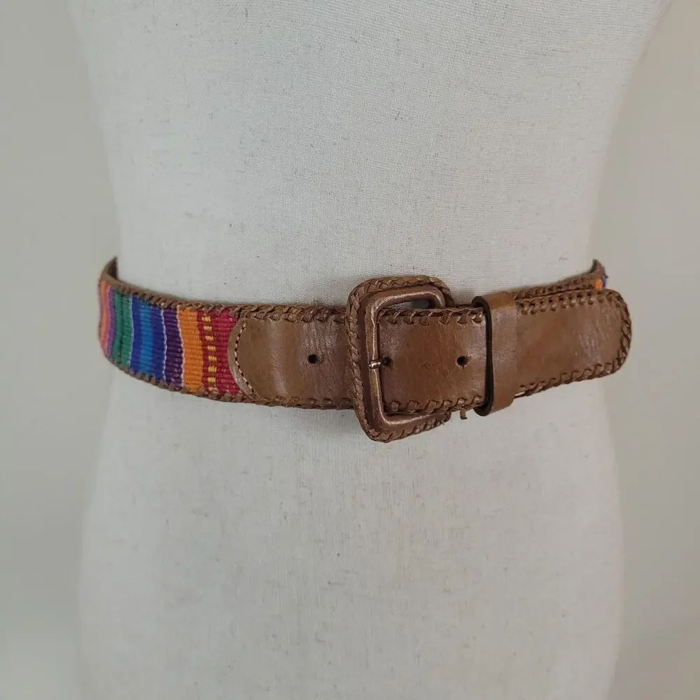Omega Belt Large Brown Leather Woven Multicolor Boho Festival Ethnic Whipstitch